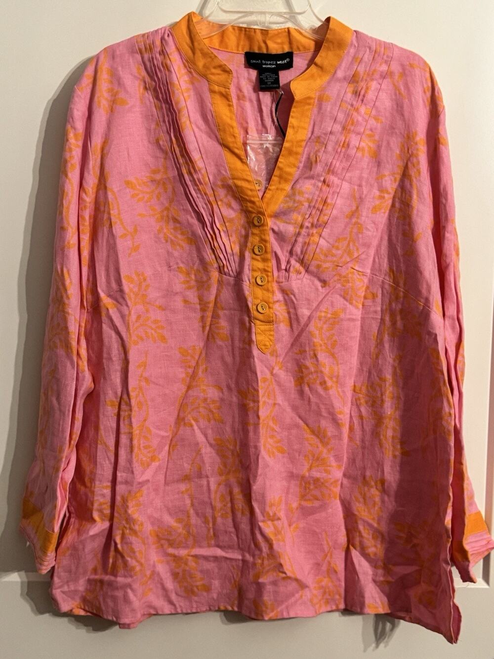 Saint Tropez West Woman Orange Pink Top Tunic Sz 1X Plus Resort 100% Linen Vaca